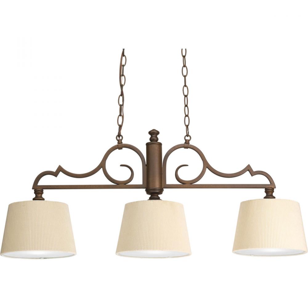 Three Light Roasted Java Ecru Pleated Linen Shades Glass Down Chandelier