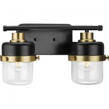  P300423-31M - Beckner Collection Two-Light Matte Black Clear Glass Urban Industrial Bath Light with Vintage Brass