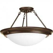  P3493-20EB - Three Light Antique Bronze Satin White Glass Bowl Semi-Flush Mount