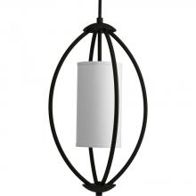  P3937-80 - Two Light Forged Black Beige Linen Shade Glass Open Frame Foyer Hall Fixture