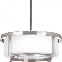  P3982-09 - Three Light Brushed Nickel Etched White Glass Drum Shade Pendant