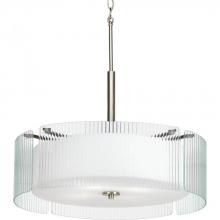  P3985-09 - Four Light Brushed Nickel Clear Ribbed Glass Drum Shade Pendant