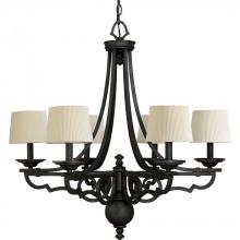  P4567-80 - Six Light Forged Black Ecru Glass Up Chandelier