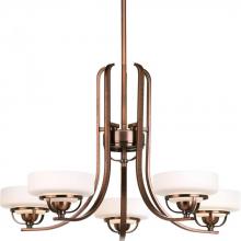  P4692-124WB - Five Light Copper Bronze Opal Etched Glass Drum Shade Chandelier