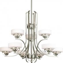  P4693-09WB - Nine Light Brushed Nickel Opal Etched Glass Drum Shade Chandelier