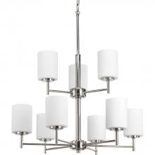  P4726-104 - Replay Collection Nine-Light Polished Nickel Etched Painted White Glass Modern Chandelier Light