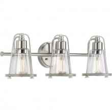  P300297-009 - Conway Collection Three-Light Brushed Nickel and Clear Seeded Farmhouse Style Bath Vanity Wall Light