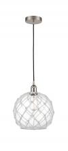  616-1P-SN-G122-10RW - Farmhouse Rope - 1 Light - 10 inch - Brushed Satin Nickel - Cord hung - Mini Pendant